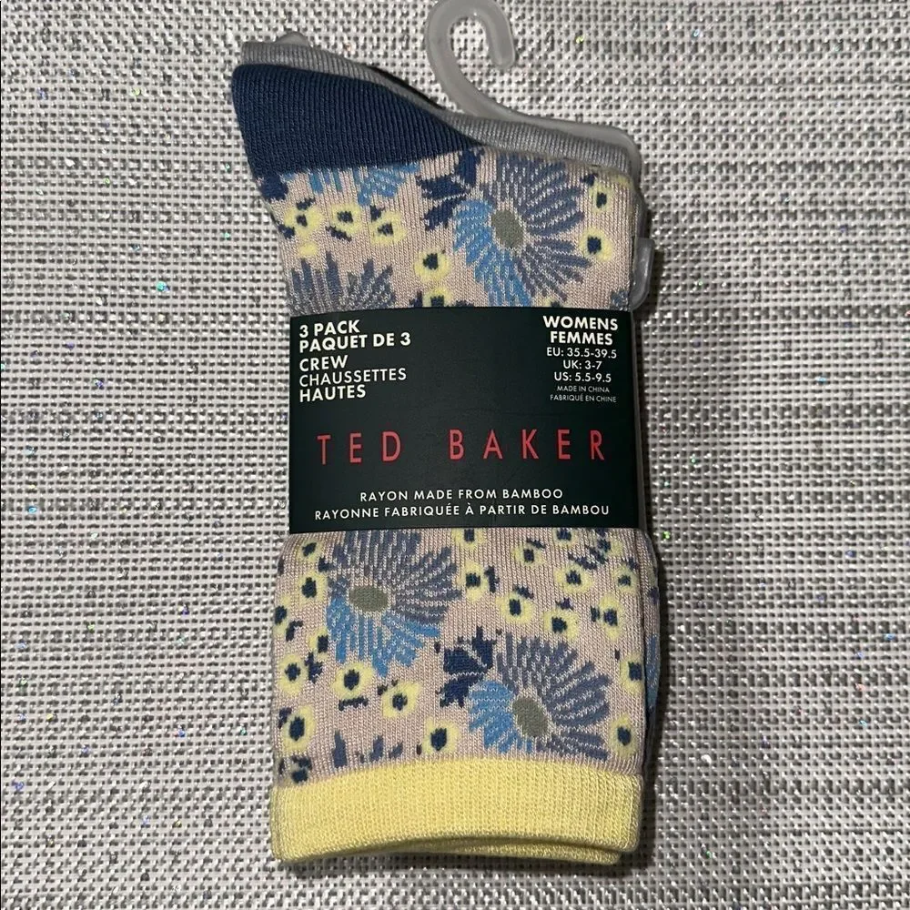 Ted Baker Blue Yellow Floral Dress Crew cut Knit Bamboo Blend Socks 3 pack